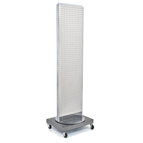 Two-Sided Pegboard Floor Display on Revolving Wheeled Base. Spinner Rack Stand.